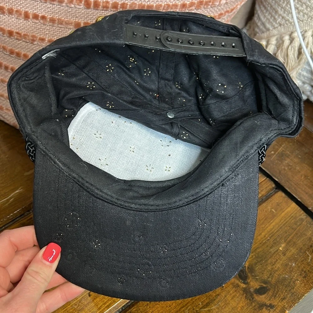 Vintage 80’s Black Cap with Gold‎ Studs and Rhinestones- OS